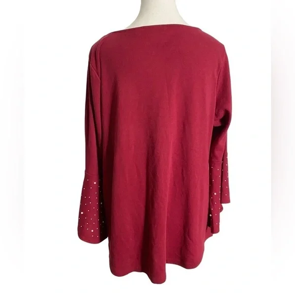 Quacker Factory RED Wine Pearl Beads on Bell Sleeve Dressy Top Size Large - Picture 2 of 12